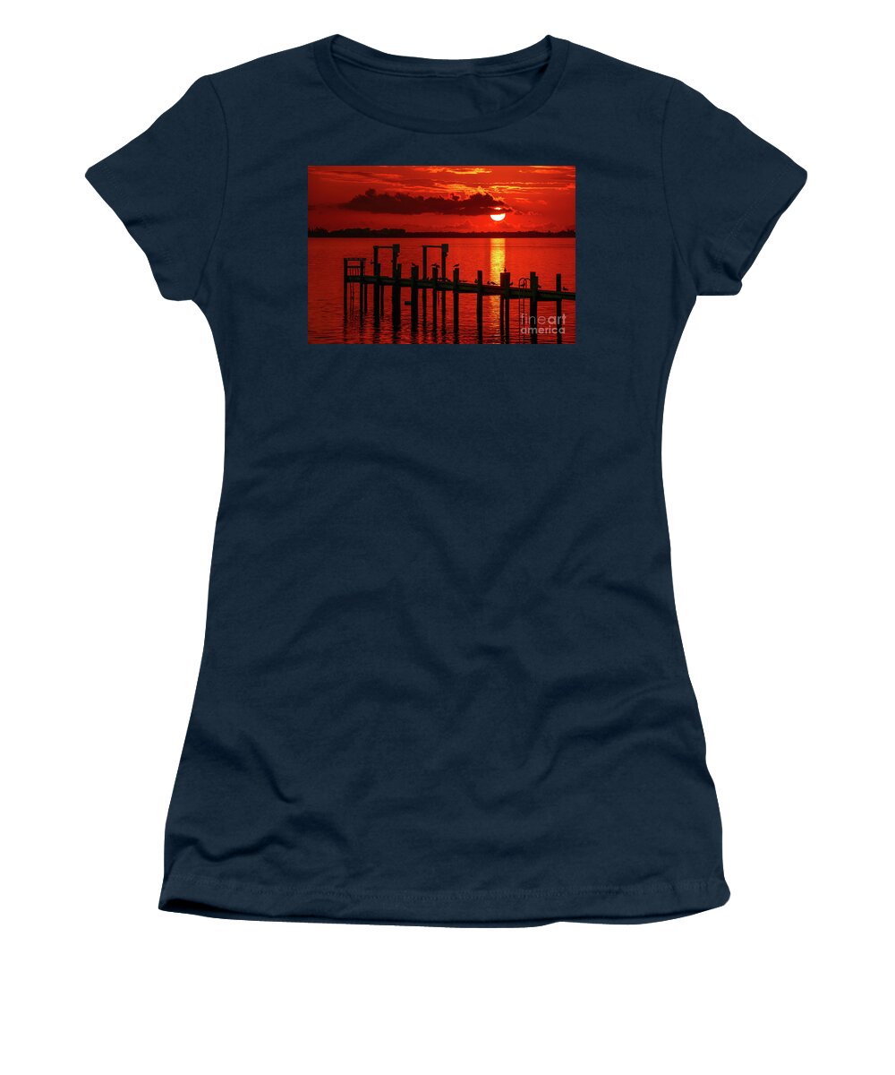 Sun Women's T-Shirt featuring the photograph Fireball and Pier Sunrise by Tom Claud