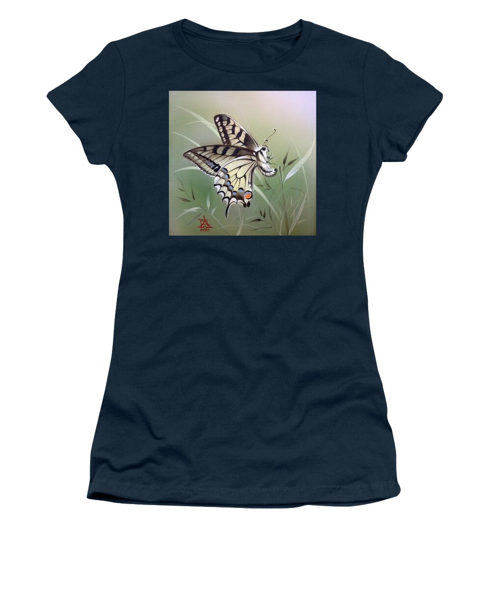 Russian Artists New Wave Women's T-Shirt featuring the painting Fleeting Beauty. Swallowtail by Alina Oseeva
