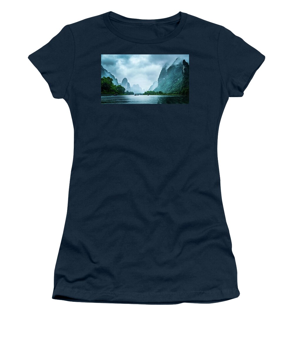 Boats Women's T-Shirt featuring the digital art Foggy morning on the Li River by Kevin McClish