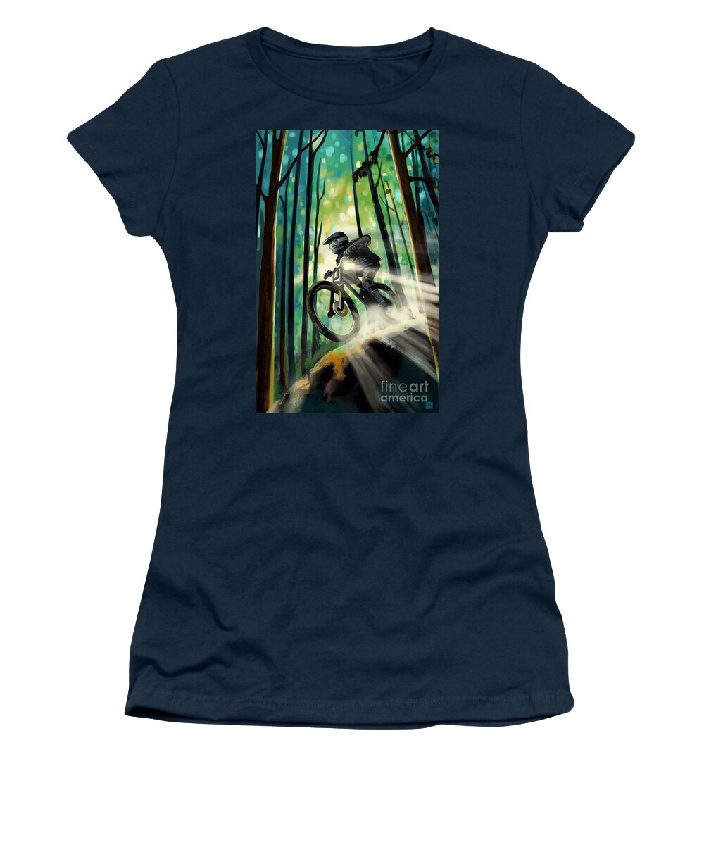 Mountain Bike Women's T-Shirt featuring the painting Forest jump mountain biker by Sassan Filsoof