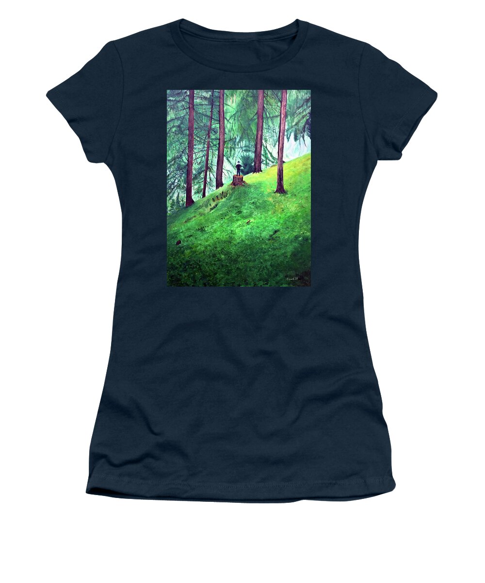 Green Forest Women's T-Shirt featuring the painting Forest Through The Trees by Thomas Blood