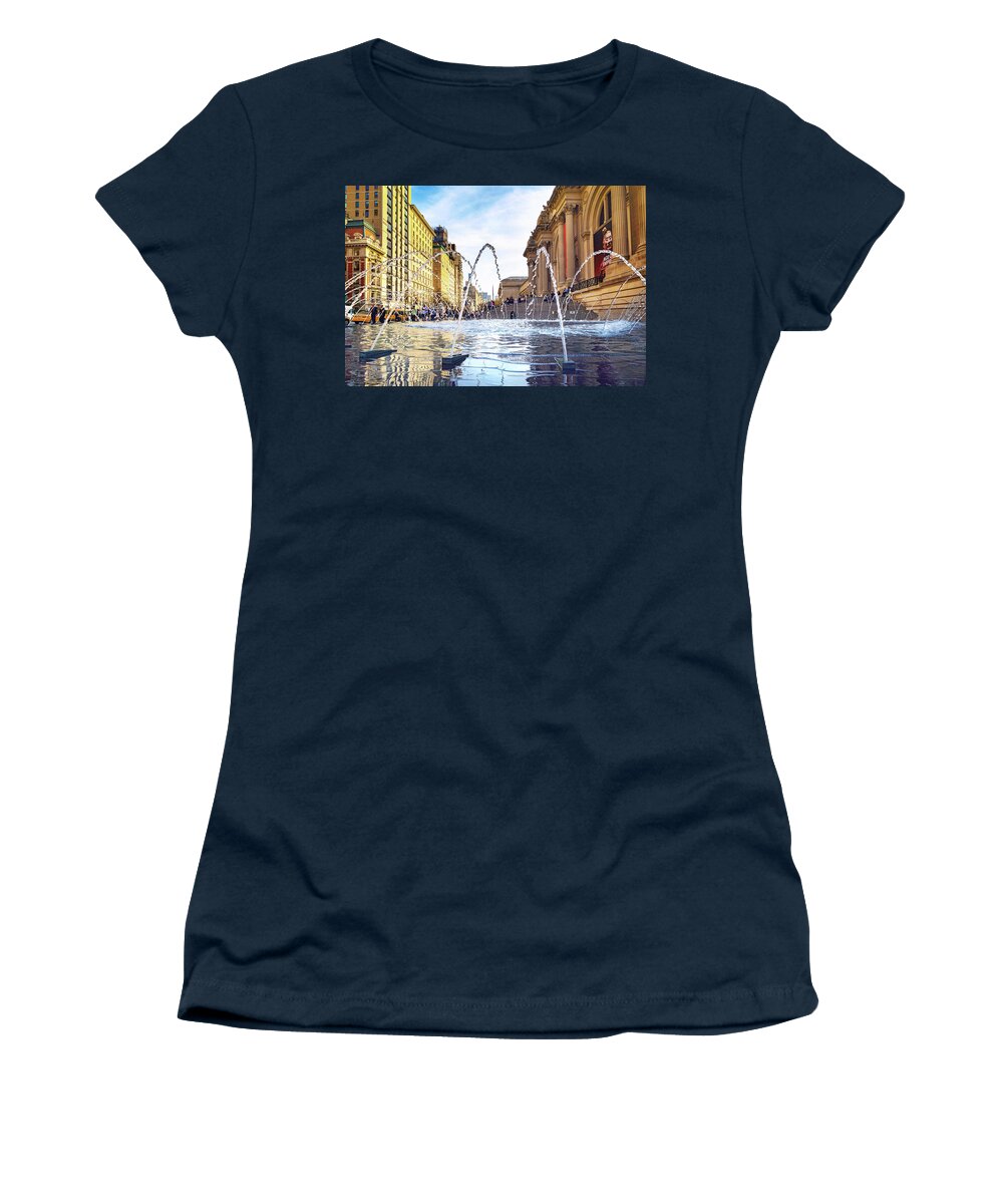 Estock Women's T-Shirt featuring the digital art Fountain In Front Of The Met, Nyc by Laura Zeid