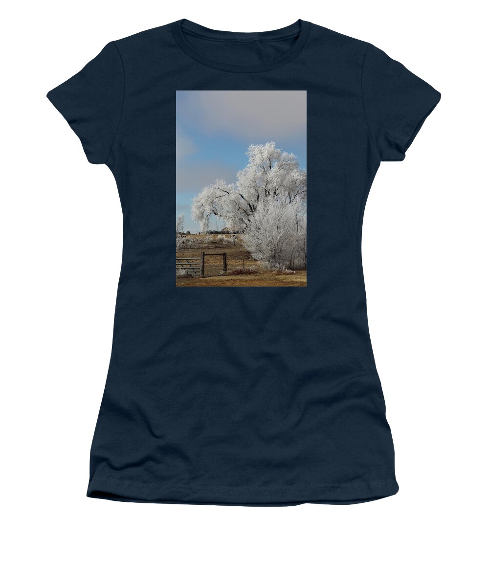 Freezing Fog Women's T-Shirt featuring the photograph Freezing Fog Departs La Junta Colorado by M E