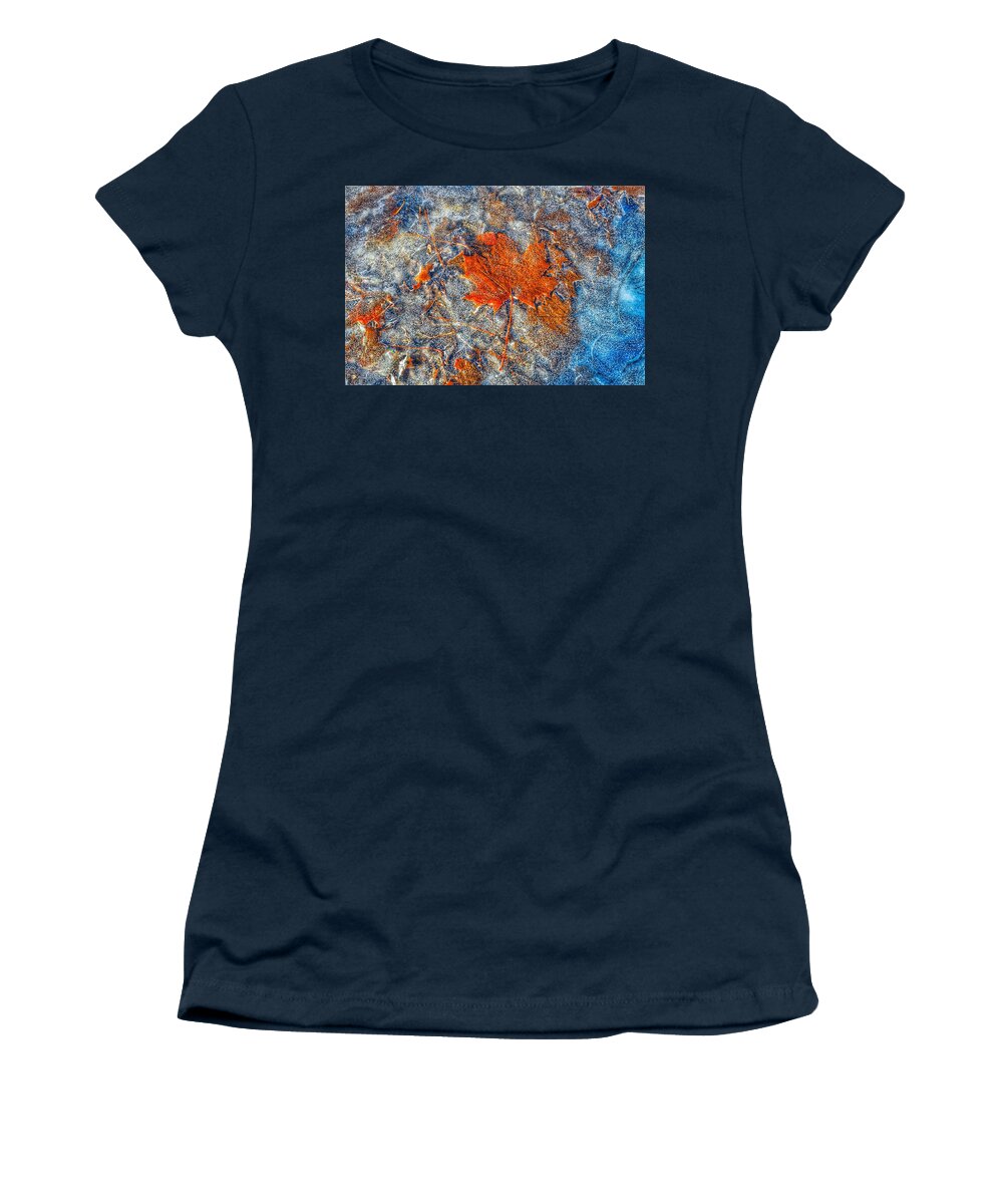 Frozen Women's T-Shirt featuring the photograph Frozen leaf in a puddle by Monika Salvan