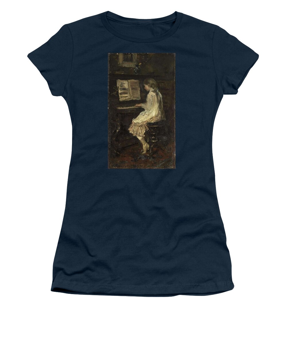 Canvas Women's T-Shirt featuring the painting Girl at the Piano. by Jacob Maris -1837-1899-