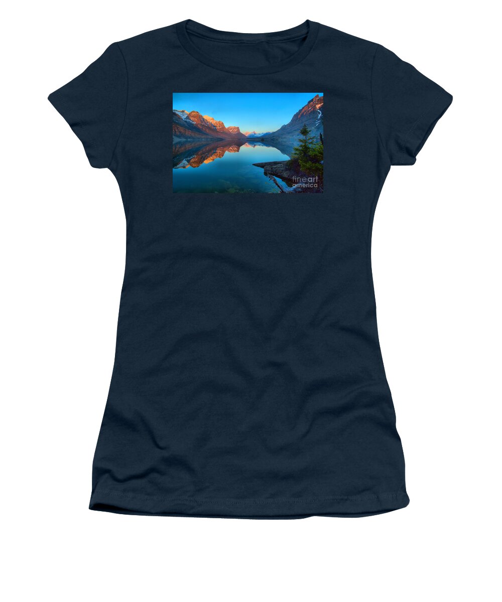 St Mary Women's T-Shirt featuring the photograph Glowing Mountain Peaks Of St Mary Glacier 2019 by Adam Jewell