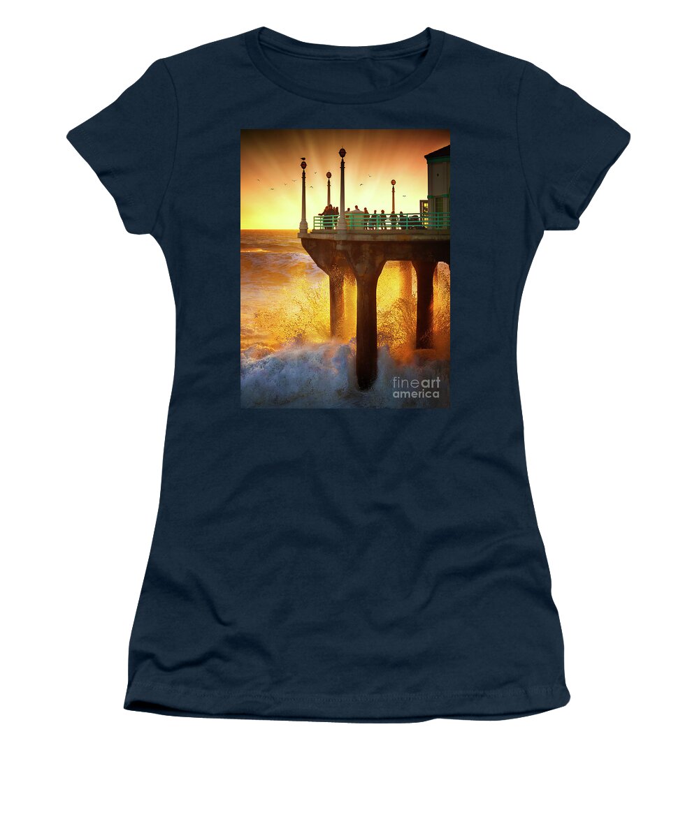 Manhattan Beach California Photography Women's T-Shirt featuring the photograph Golden Waves by Jerry Cowart