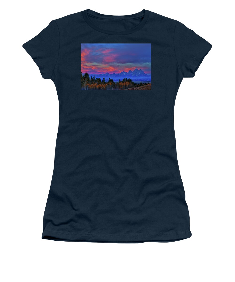Grand Teton National Park Women's T-Shirt featuring the photograph Grand Teton Autumn Morning Light by Greg Norrell