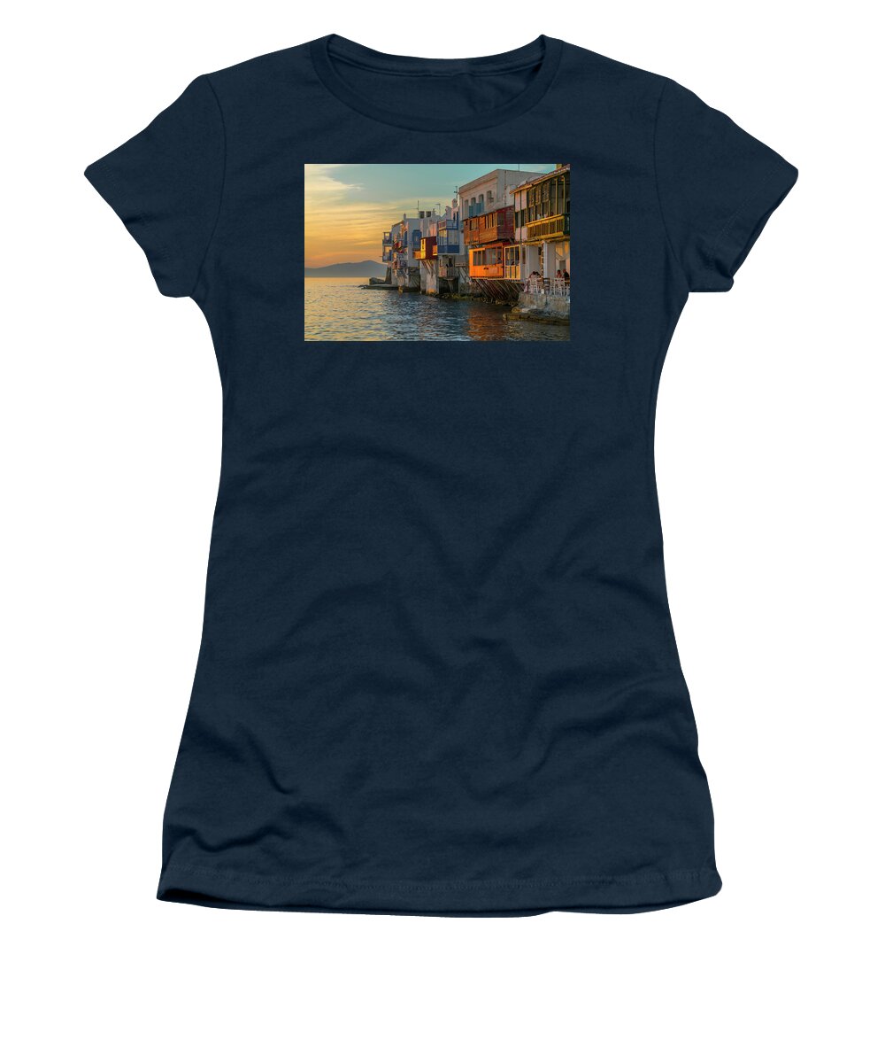 Estock Women's T-Shirt featuring the digital art Greece, Aegean Islands, Cyclades, Mediterranean Sea, Aegean Sea, Greek Islands, Mikonos Island, Mykonos, Mykonos Town, Little Venice, Alefkandra At Sunset by Giorgio Filippini