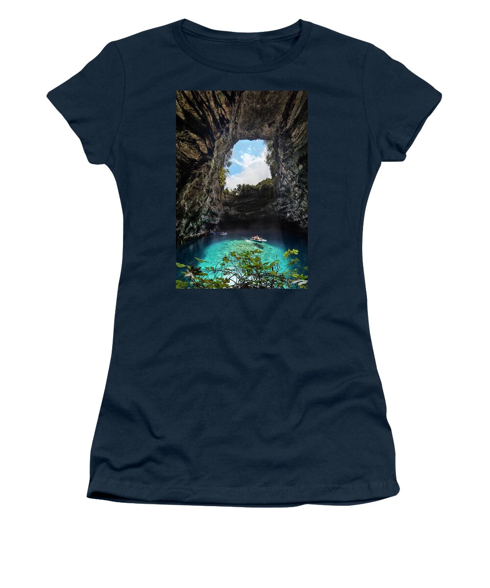 Estock Women's T-Shirt featuring the digital art Greece, Ionian Islands, Cephalonia Island, Kefalonia, Melissani Lake by Massimo Ripani