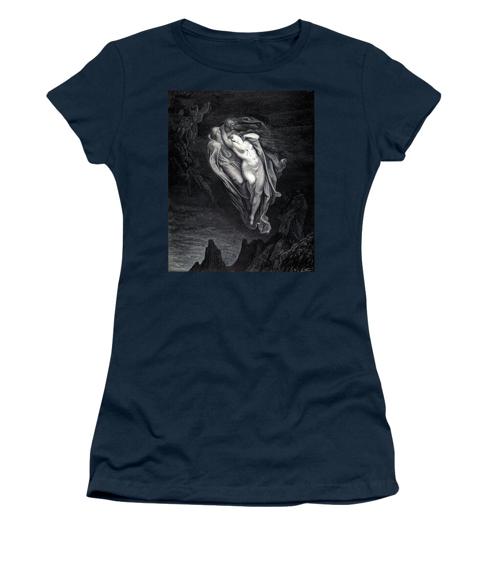 Dante Alighieri Women's T-Shirt featuring the drawing Gustave Dore Paolo and Francesca in the whirlwind of lust and torture, The Divine Comedy, 1861. by Paul Gustave Dore -1832-1883-