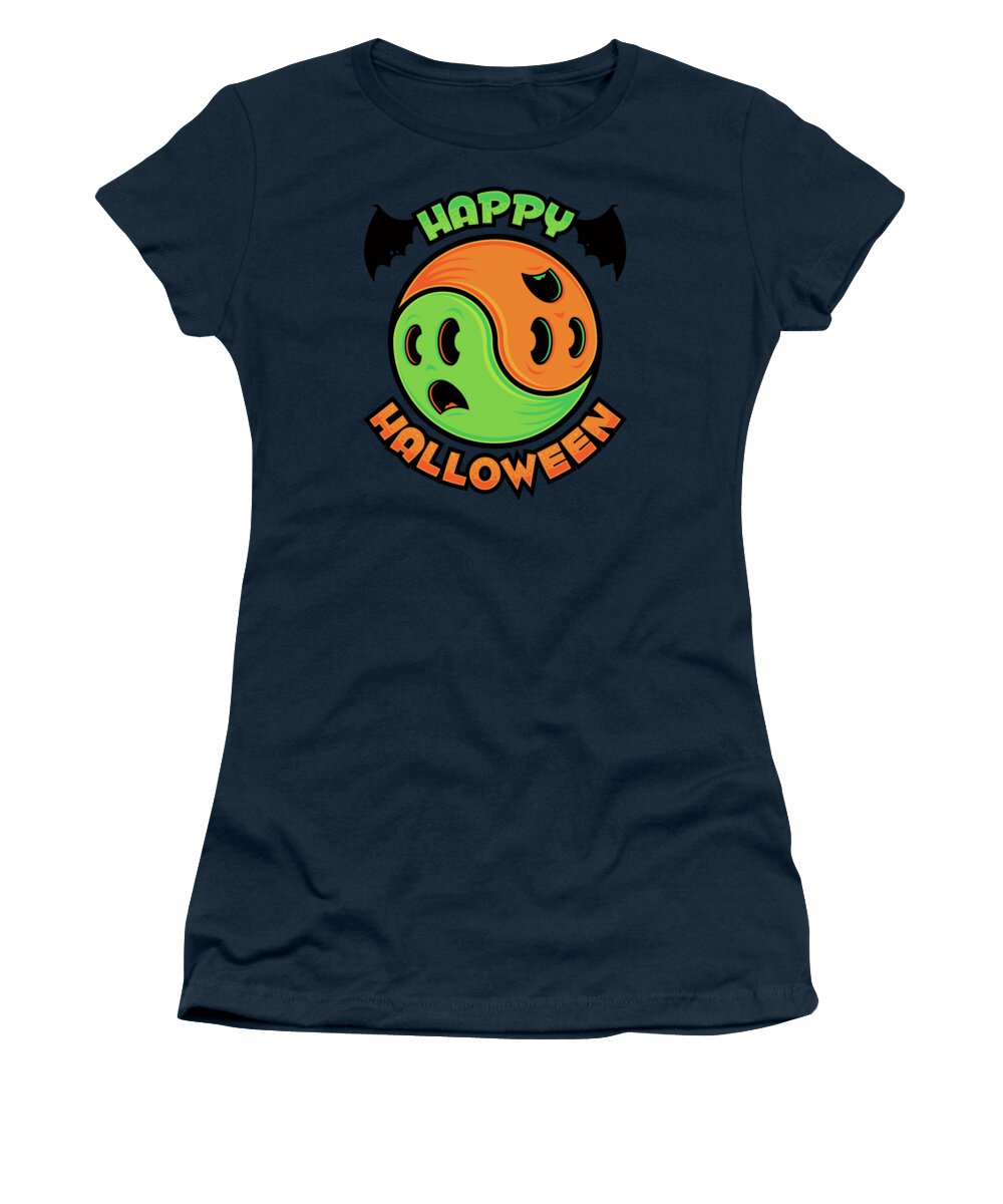 Yin Yang Women's T-Shirt featuring the digital art Happy Halloween Ghost Yin-Yang by John Schwegel