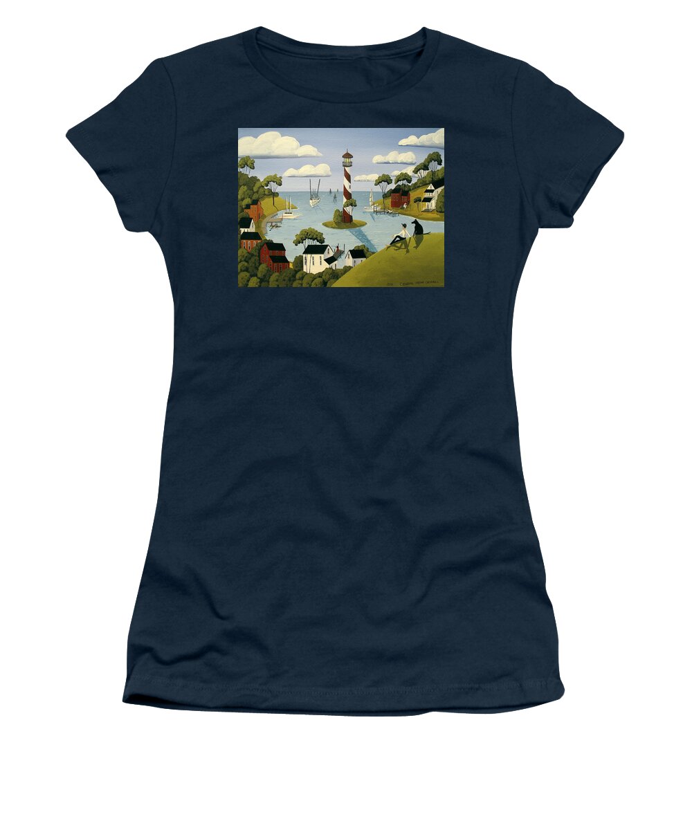Harbor Women's T-Shirt featuring the painting Harbor Town - folk art painting by Debbie Criswell