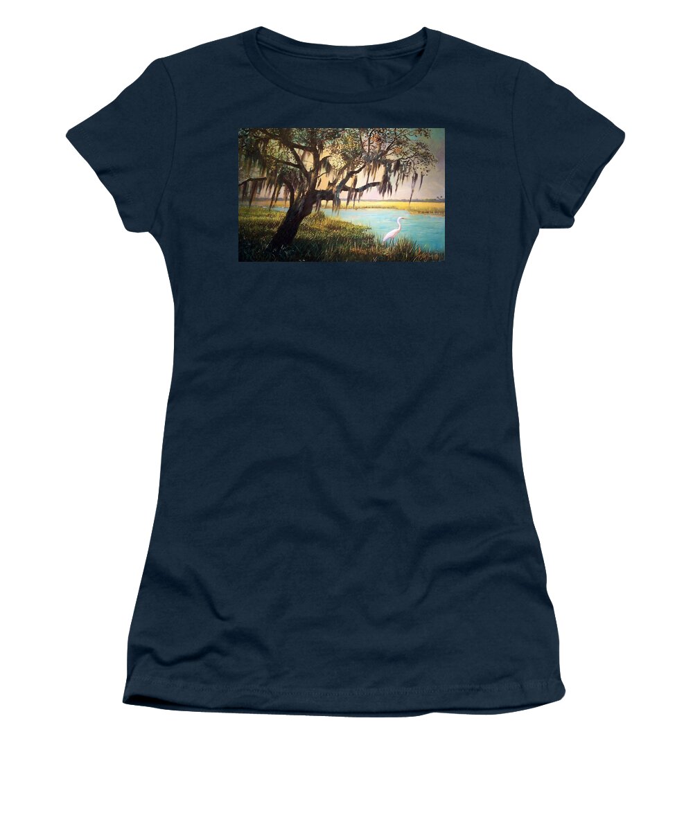Marsh Women's T-Shirt featuring the painting Heron and Live Oak Tree by Blue Sky