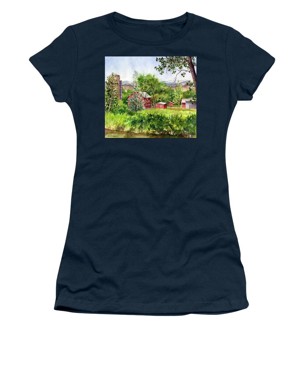 Colorado Rocky Mountains Painting Women's T-Shirt featuring the painting Hidden Farm by Anne Gifford