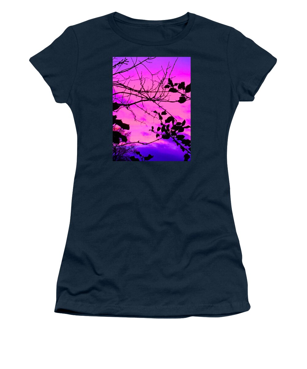 Landscape Women's T-Shirt featuring the photograph Holly tree sunset neon purple and pink by Itsonlythemoon -