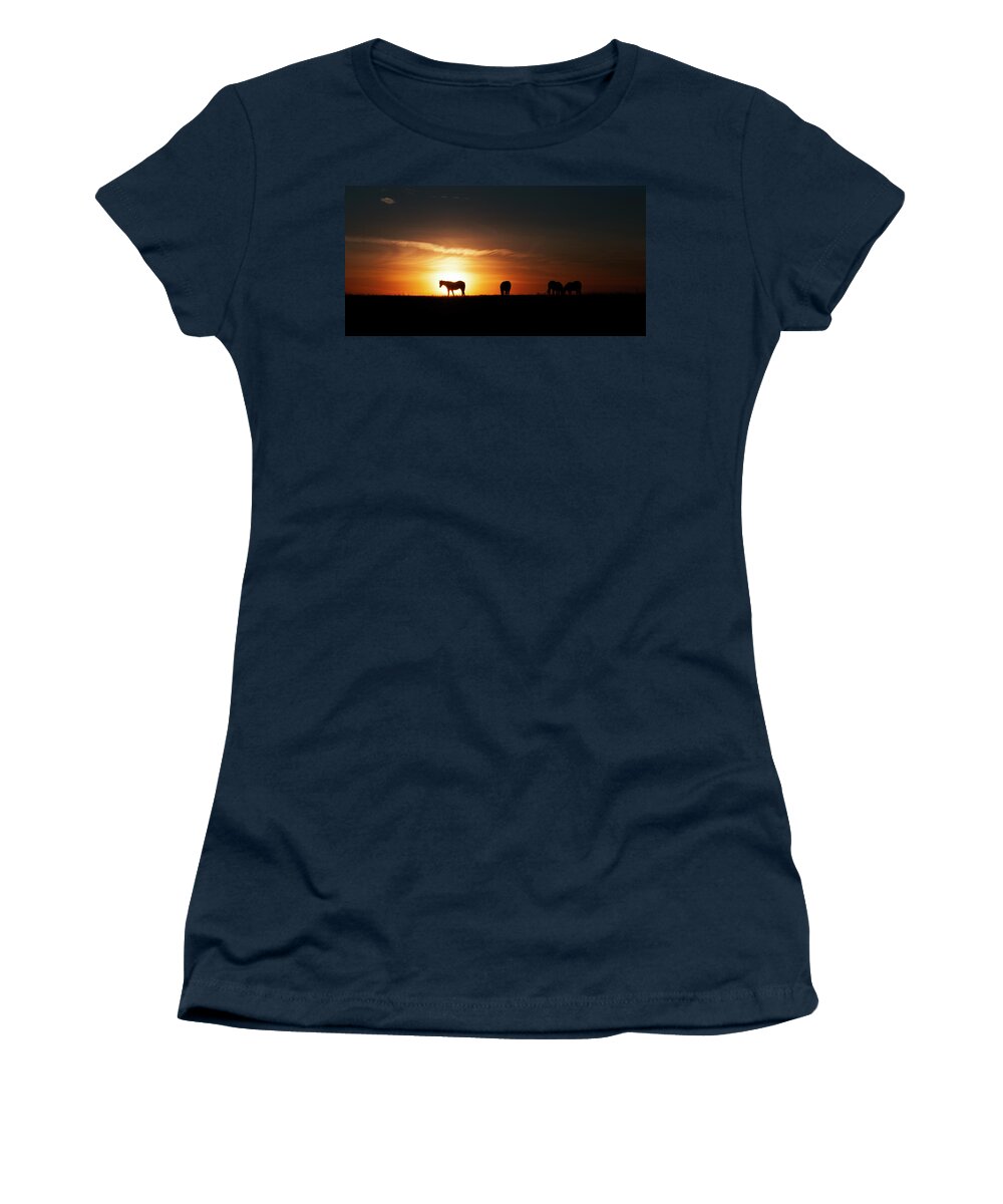 Horses Women's T-Shirt featuring the photograph Horses at Sunset by Gary Langley