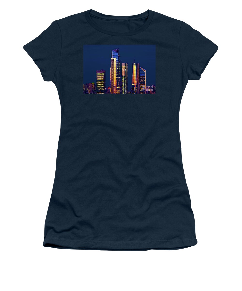 Ny Skyline Night Women's T-Shirt featuring the photograph Hudson Yards Towers at Twilight by Regina Geoghan