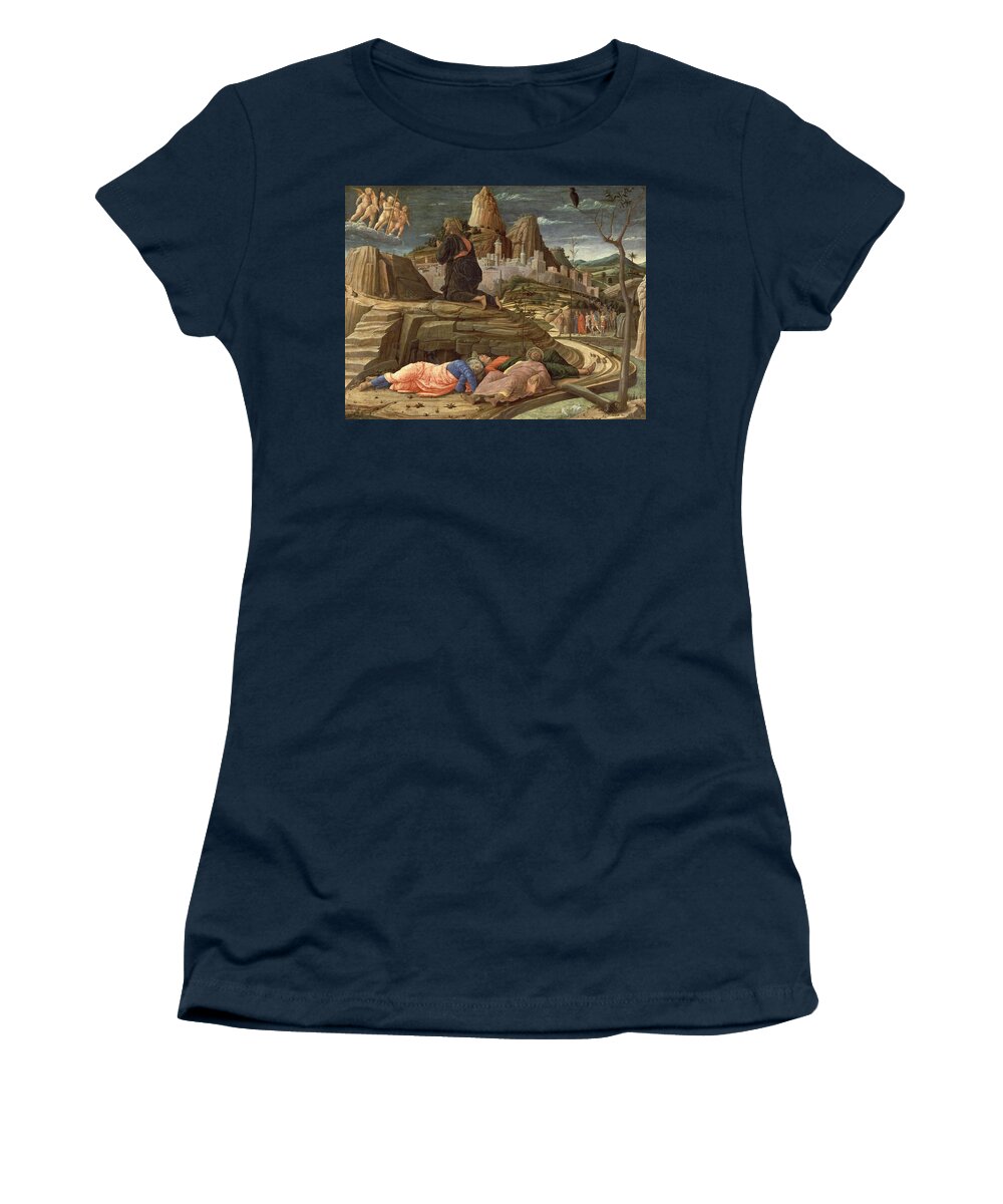 Andrea Mantegna Women's T-Shirt featuring the painting Italian school. Agony in the Garden. 1431. London, National Gallery. ANDREA MANTEGNA . JESUS. by Andrea Mantegna -1431-1506-