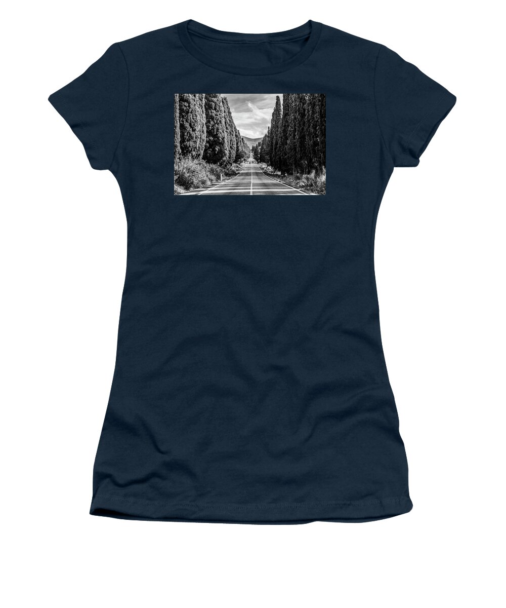 Estock Women's T-Shirt featuring the digital art Italy, Tuscany, Livorno District, Maremma, Bolgheri, View Of Viale Dei Cipressi by Massimo Borchi