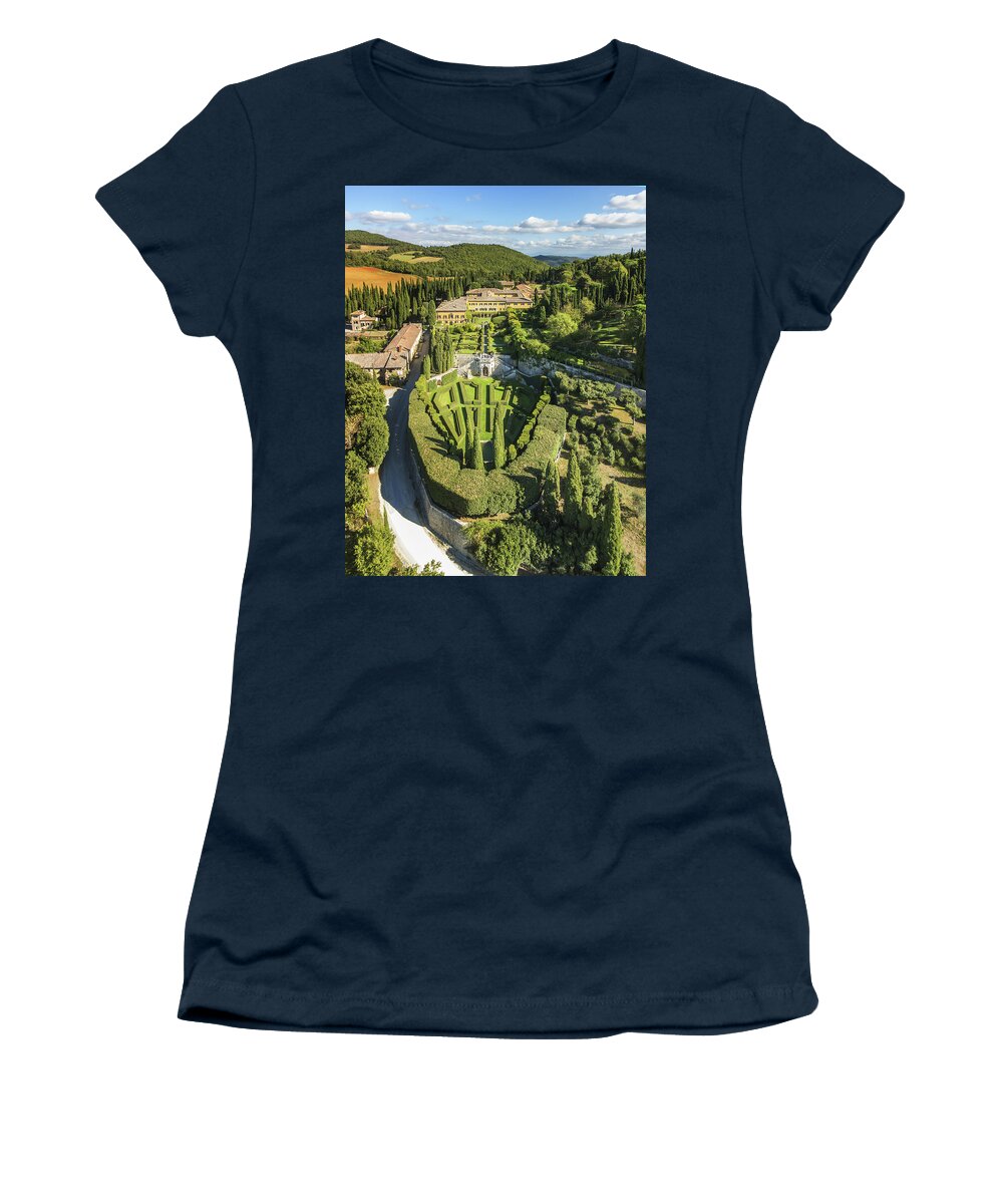 Estock Women's T-Shirt featuring the digital art Italy, Tuscany, Siena District, Val Di Chiana, Chianciano Terme, Villa La Foce, Aerial View By Drone by Guido Cozzi