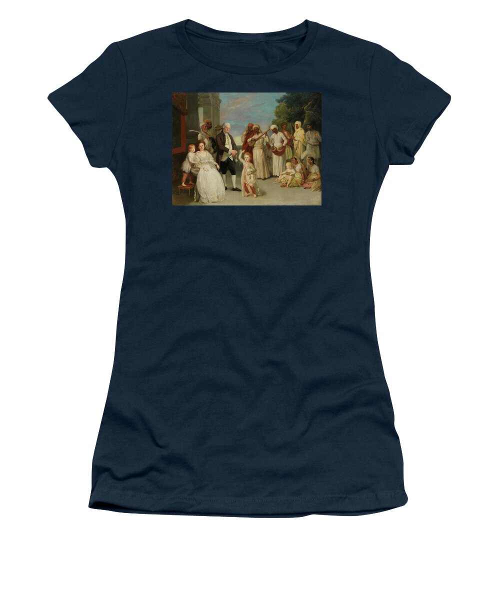 Canvas Women's T-Shirt featuring the painting Johann Zoffany -Frankfurt, 1733 -Strand-on-the-Green, 1810-. Group Portrait of Sir Elijah and Lad... by Johann Zoffany -1733-1810-