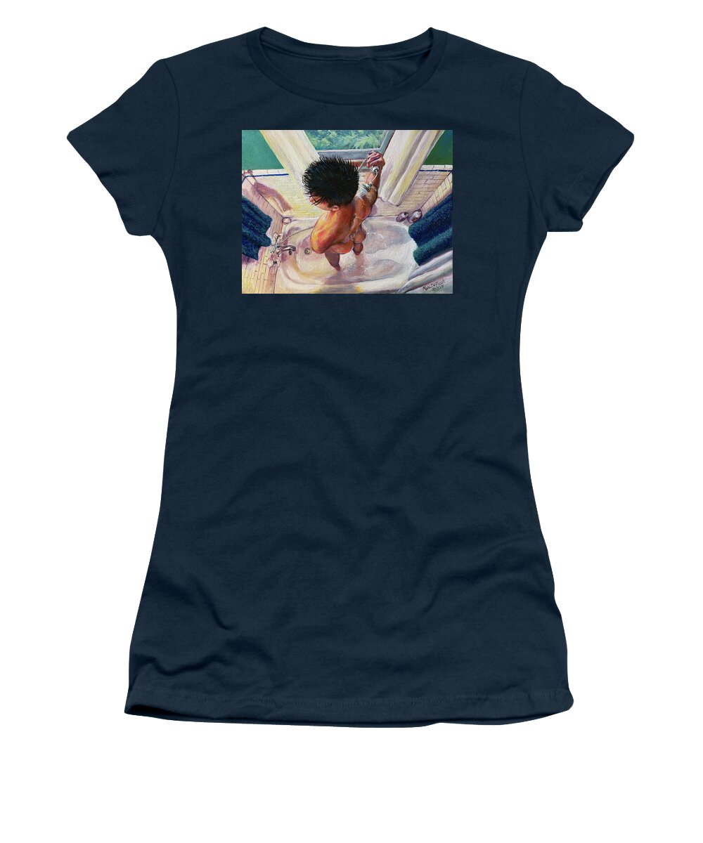 Shower Women's T-Shirt featuring the painting Jon Rinsing Off by Marc DeBauch