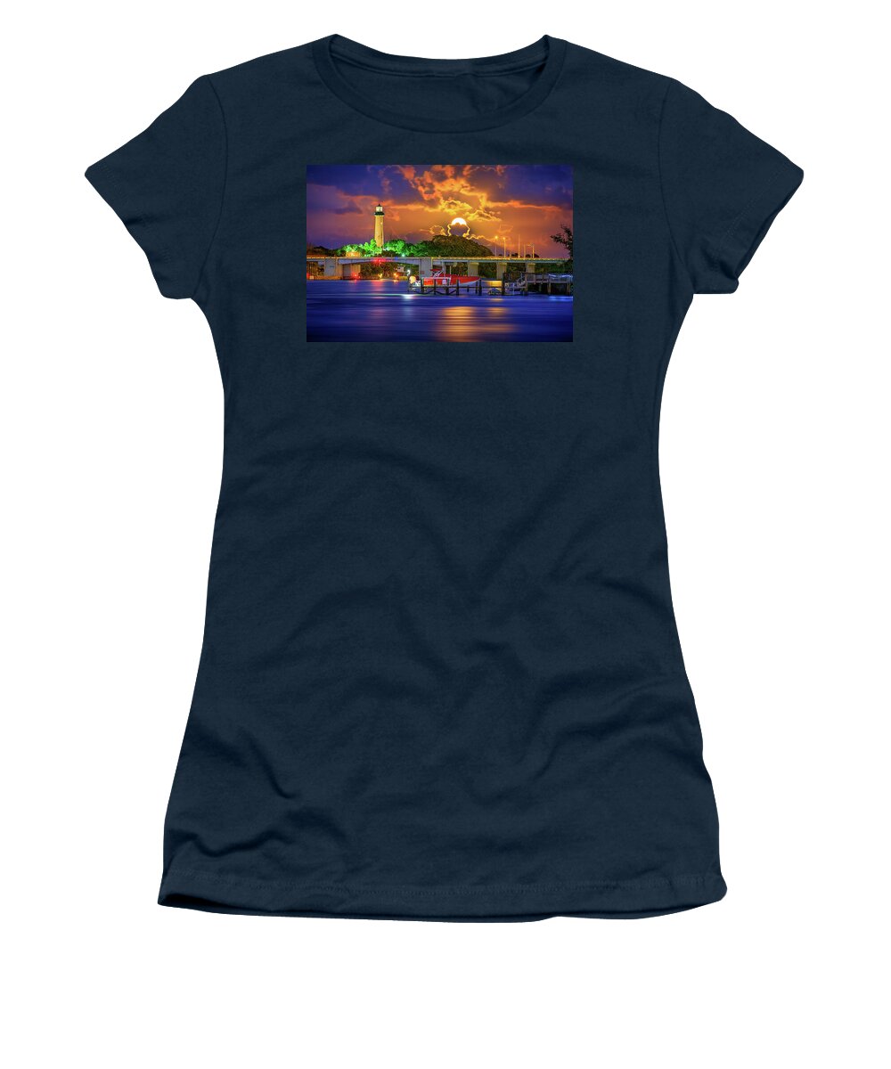 Jupiter Lighthouse Women's T-Shirt featuring the digital art Jupiter Lighthouse Purple Moon Rising Over the Waterway by Kim Seng