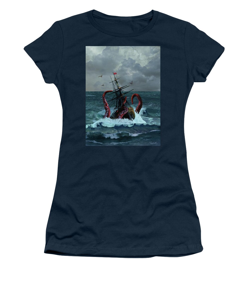Seascape Women's T-Shirt featuring the digital art Kraken Sinks Folly Dodger by M Spadecaller