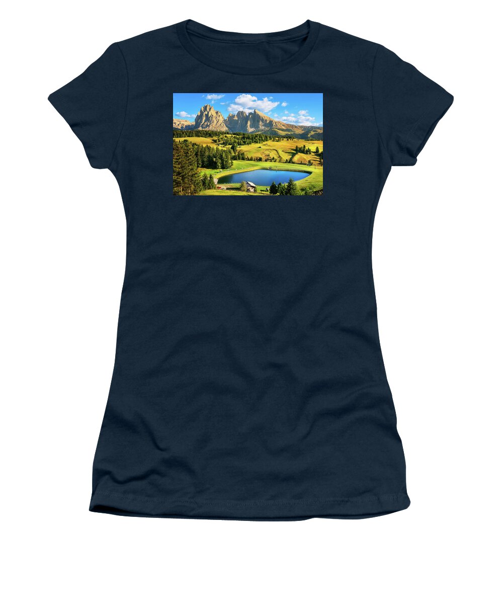 Alpe Women's T-Shirt featuring the photograph Lake and Mountains in Alpe di Siusi by Stefano Orazzini