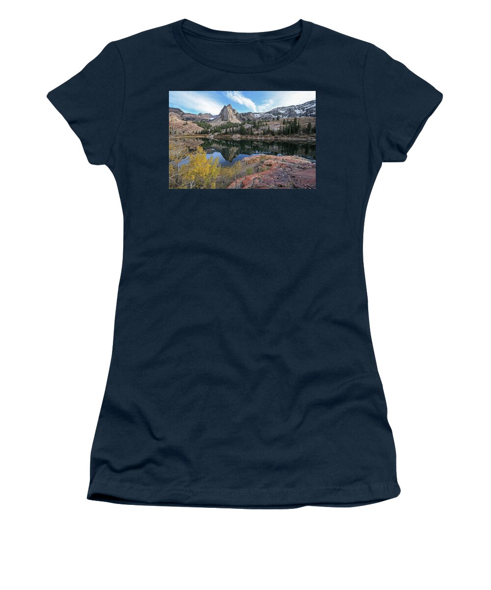 Utah; Landscape; Aspen; Autumn; Fall; Foliage; Granite; Yellow; Golden; Orange; Glow; Blue; Leaves; Wasatch Mountains; Little Cottonwood Canyon; Women's T-Shirt featuring the photograph Lake Blanche and the Sundial - Big Cottonwood Canyon, Utah - October '06 by Brett Pelletier