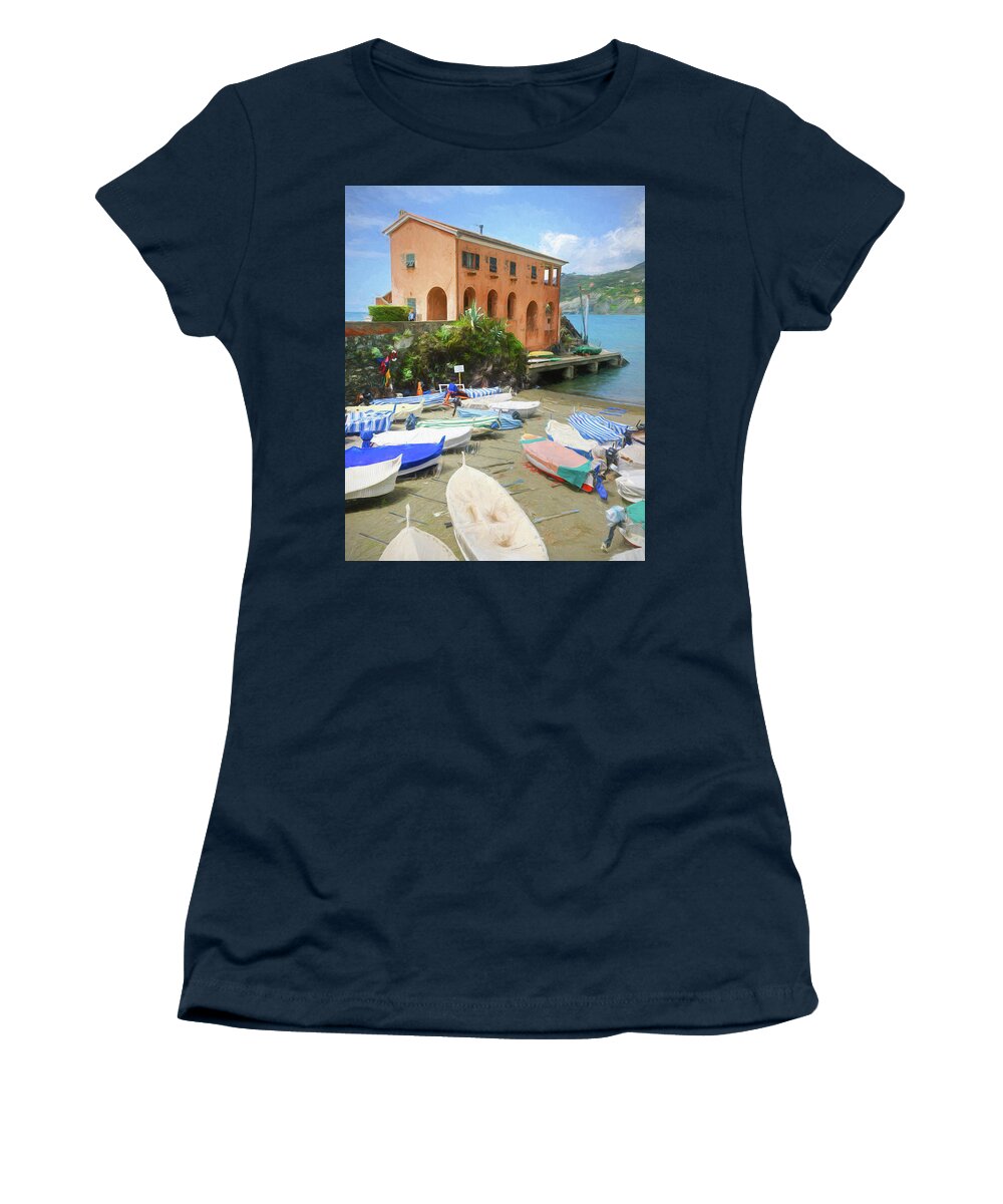 Joan Carroll Women's T-Shirt featuring the photograph Levanto Boats Cinque Terre Italy Painterly by Joan Carroll