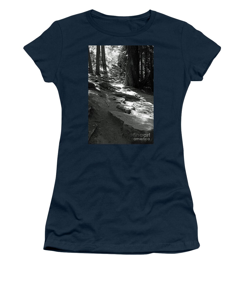 Woods Forest Woodlands Path Pathway Idaho Landscape Black_and_white Women's T-Shirt featuring the photograph Lighting the Way by Li Newton
