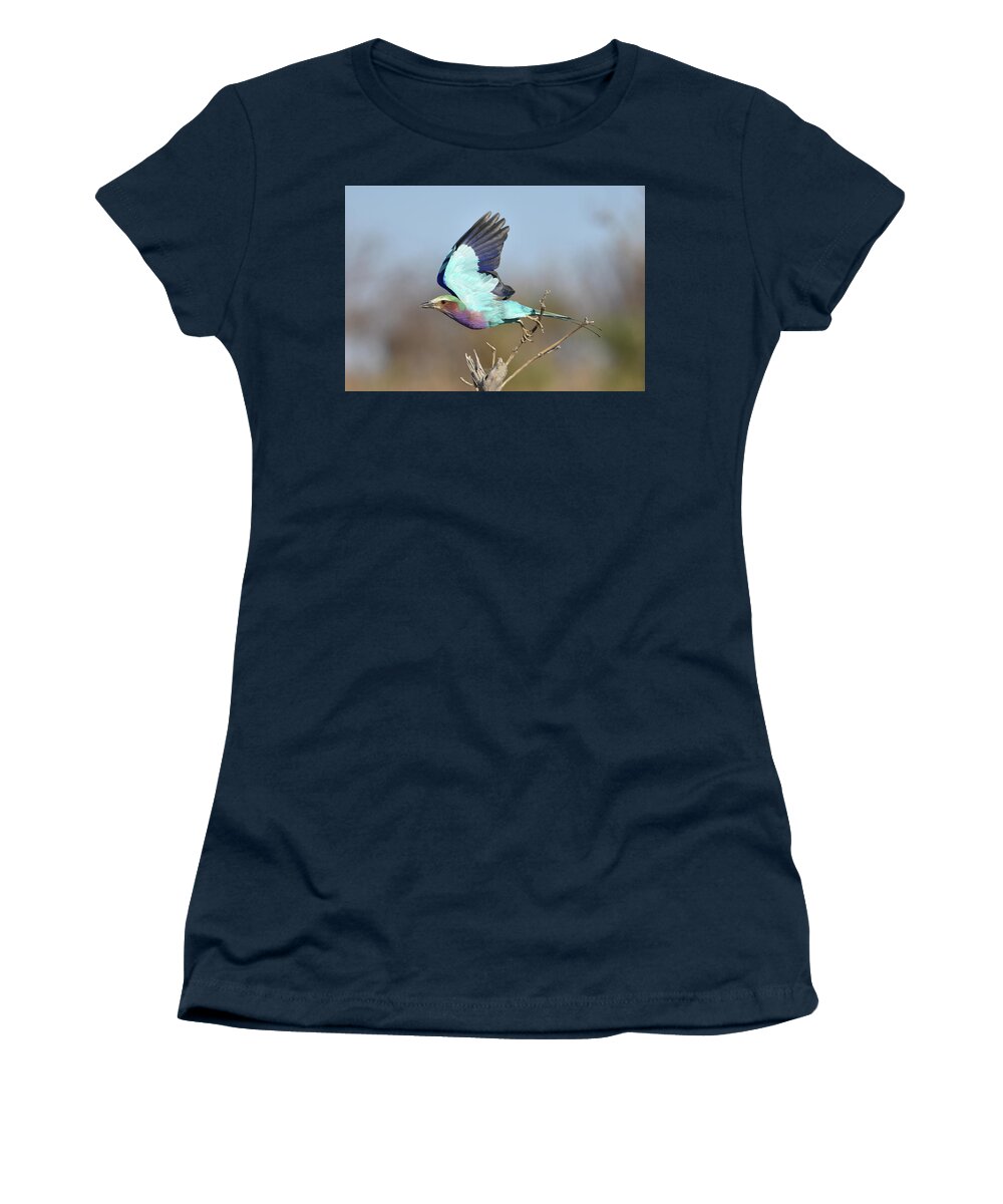 Roller Women's T-Shirt featuring the photograph Lilac-Breasted Roller on Takeoff by Ben Foster