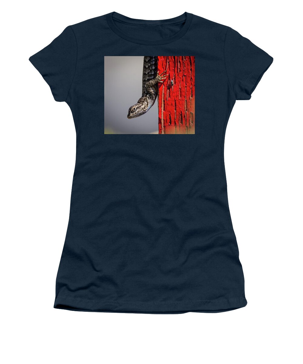 Lizard Women's T-Shirt featuring the photograph Lizard on Red by Rick Mosher