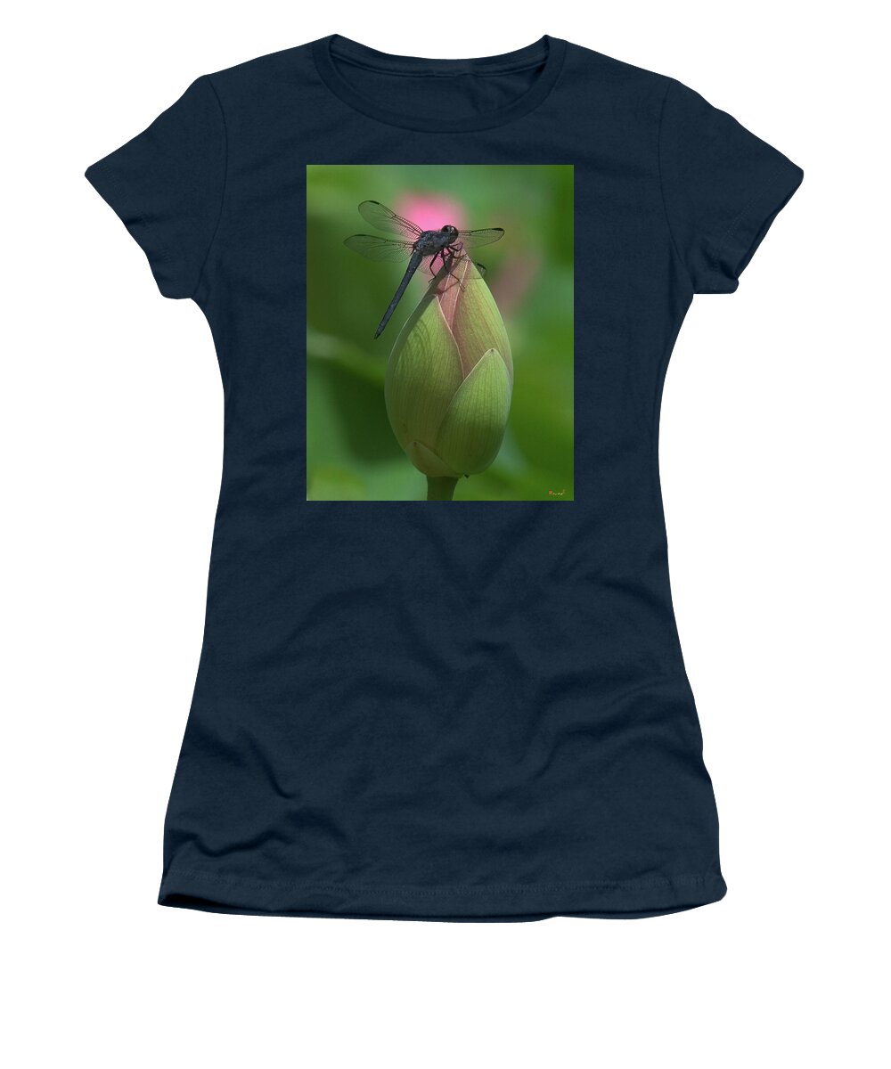 Lotus Women's T-Shirt featuring the photograph Lotus Bud and Slaty Skimmer Dragonfly DL0006 by Gerry Gantt