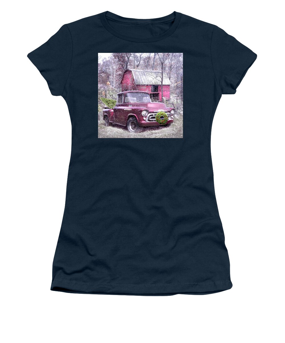 1957 Women's T-Shirt featuring the photograph Love that Red 1957 Chevy Truck in the Snow by Debra and Dave Vanderlaan