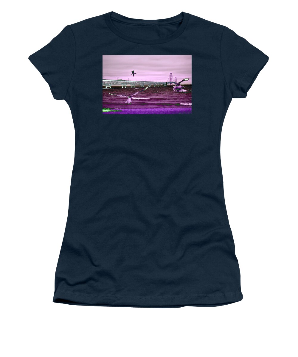 Mackinac Bridge Women's T-Shirt featuring the photograph Mackinac Bridge Seagulls by Tom Kelly