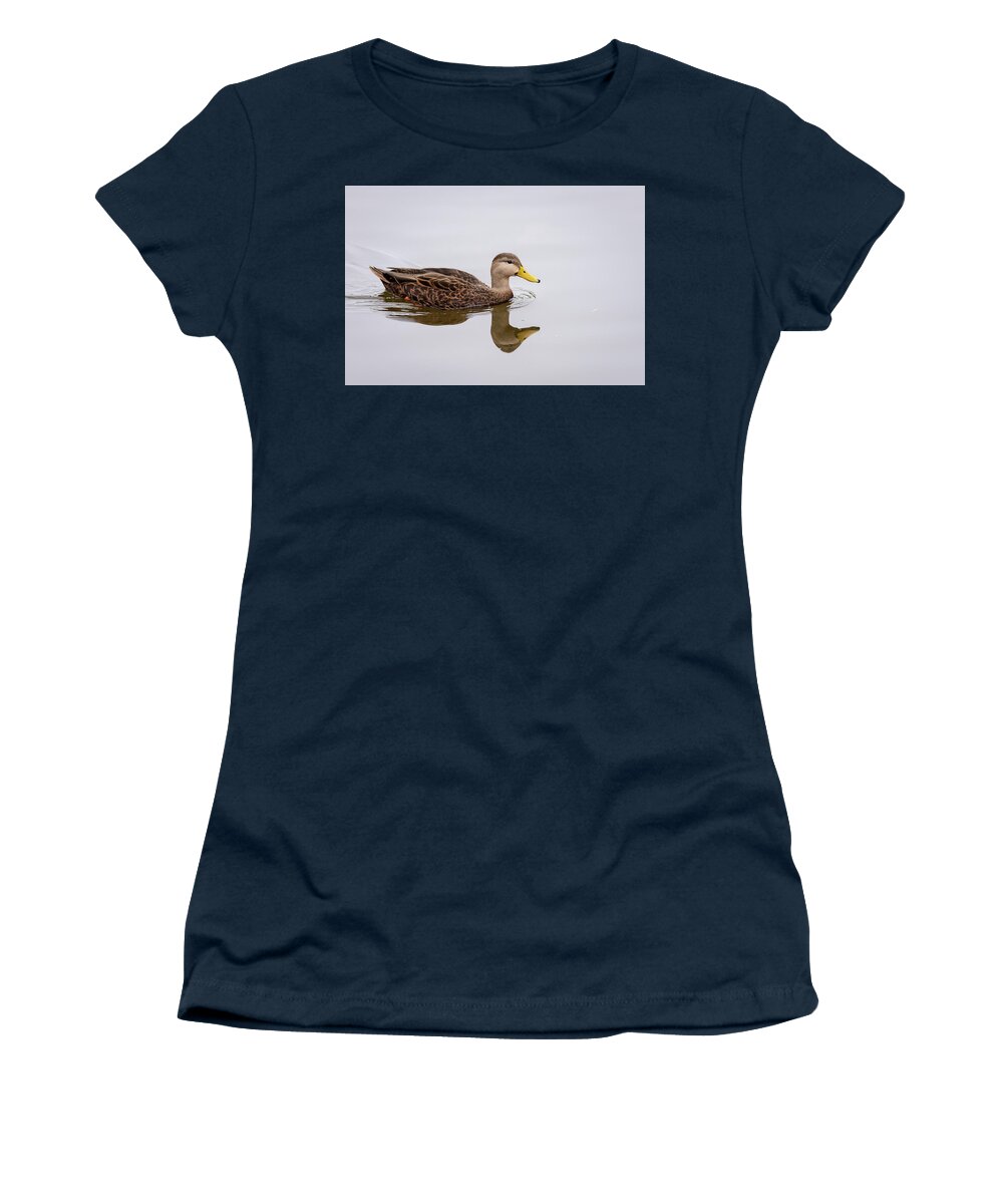Debra Martz Women's T-Shirt featuring the photograph Male Mottled Duck Reflecting on the Water by Debra Martz