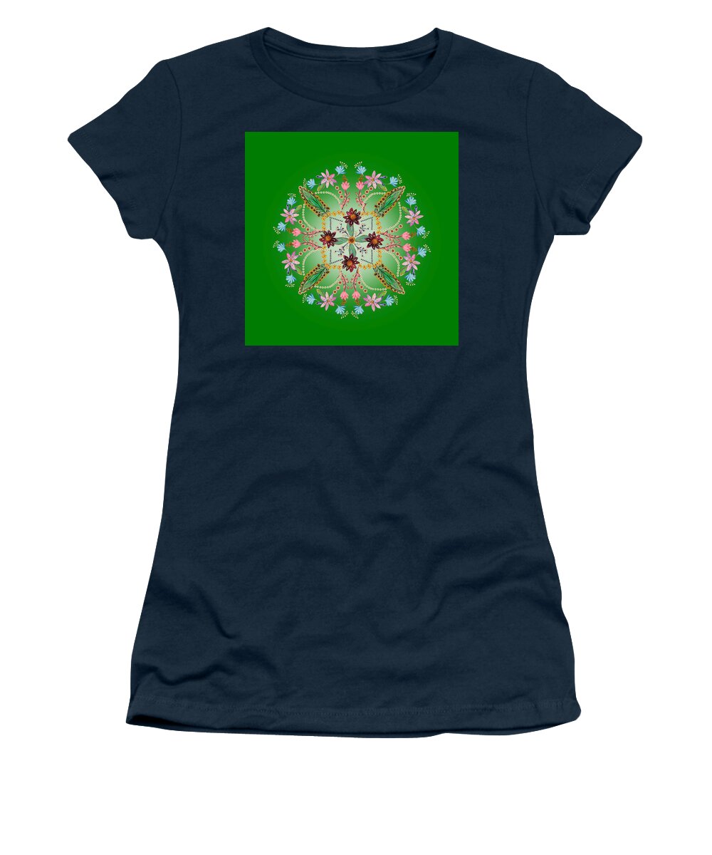 Mandala Women's T-Shirt featuring the digital art Mandala flowering series #1. Green by Elena Kotliarker