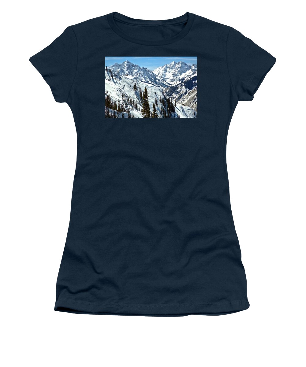 Maroon Bells Women's T-Shirt featuring the photograph Maroon Bells Winter Paradise by Adam Jewell