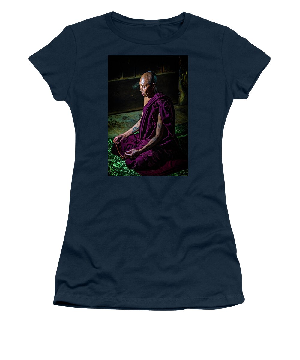 Monk Women's T-Shirt featuring the photograph Meditating Buddhist Monk by Chris Lord