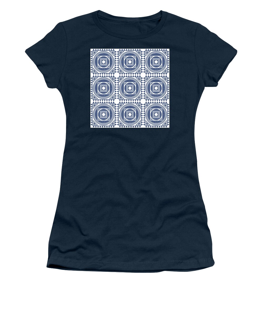 Mediterranean Pattern Women's T-Shirt featuring the mixed media Mediterranean Pattern 1 - Tile Pattern Designs - Geometric - Blue - Ceramic Tile - Surface Pattern by Studio Grafiikka