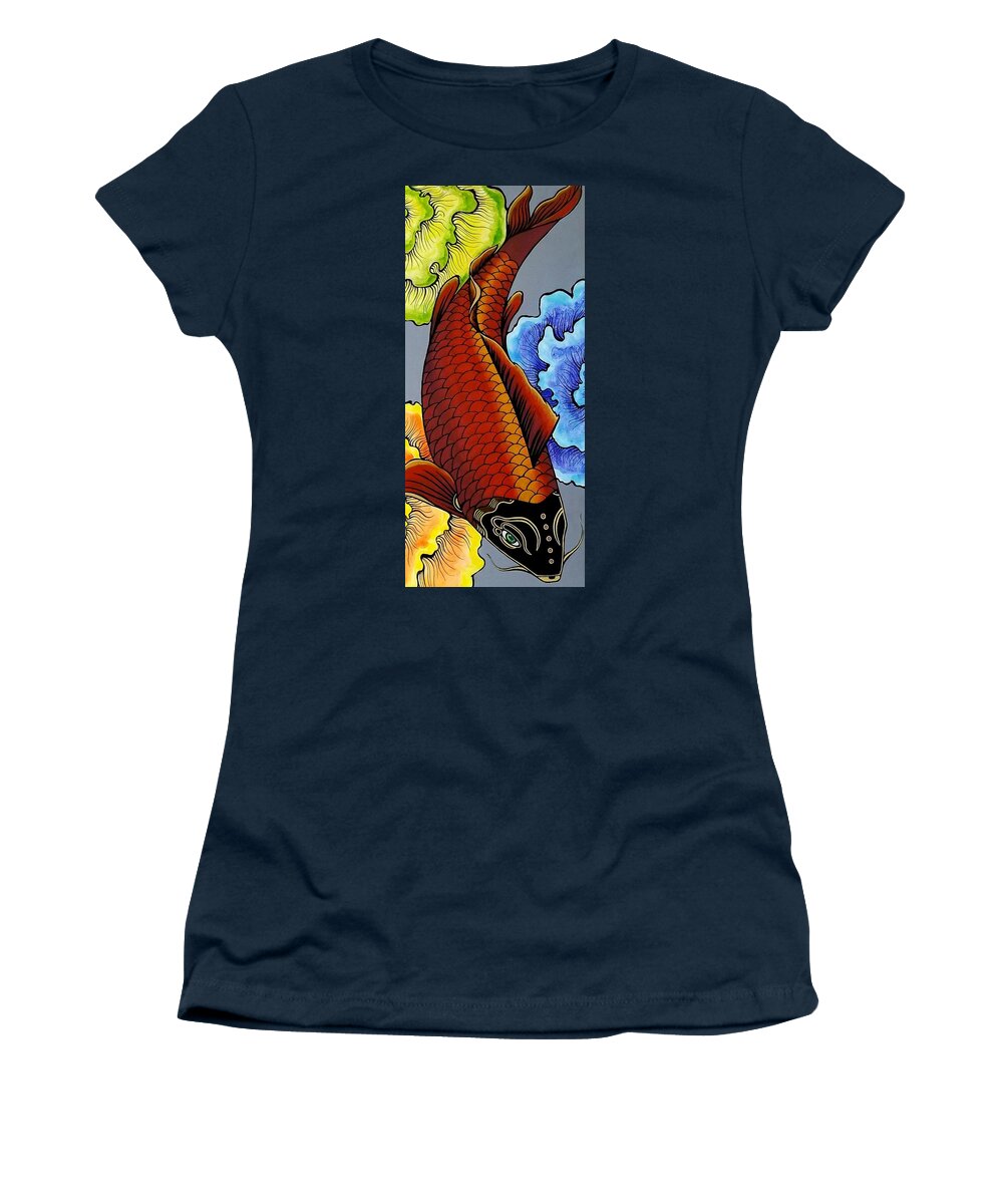  Women's T-Shirt featuring the painting Metallic Koi Fish by Bryon Stewart