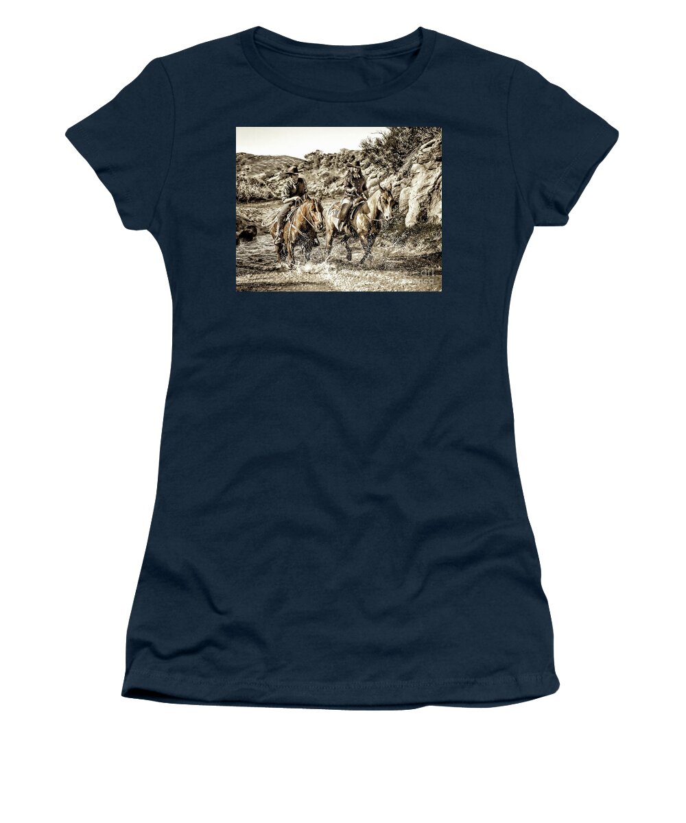 Cowboy Cowgirl Sepia Tone Photography Women's T-Shirt featuring the photograph Midday Ride by Jerry Cowart