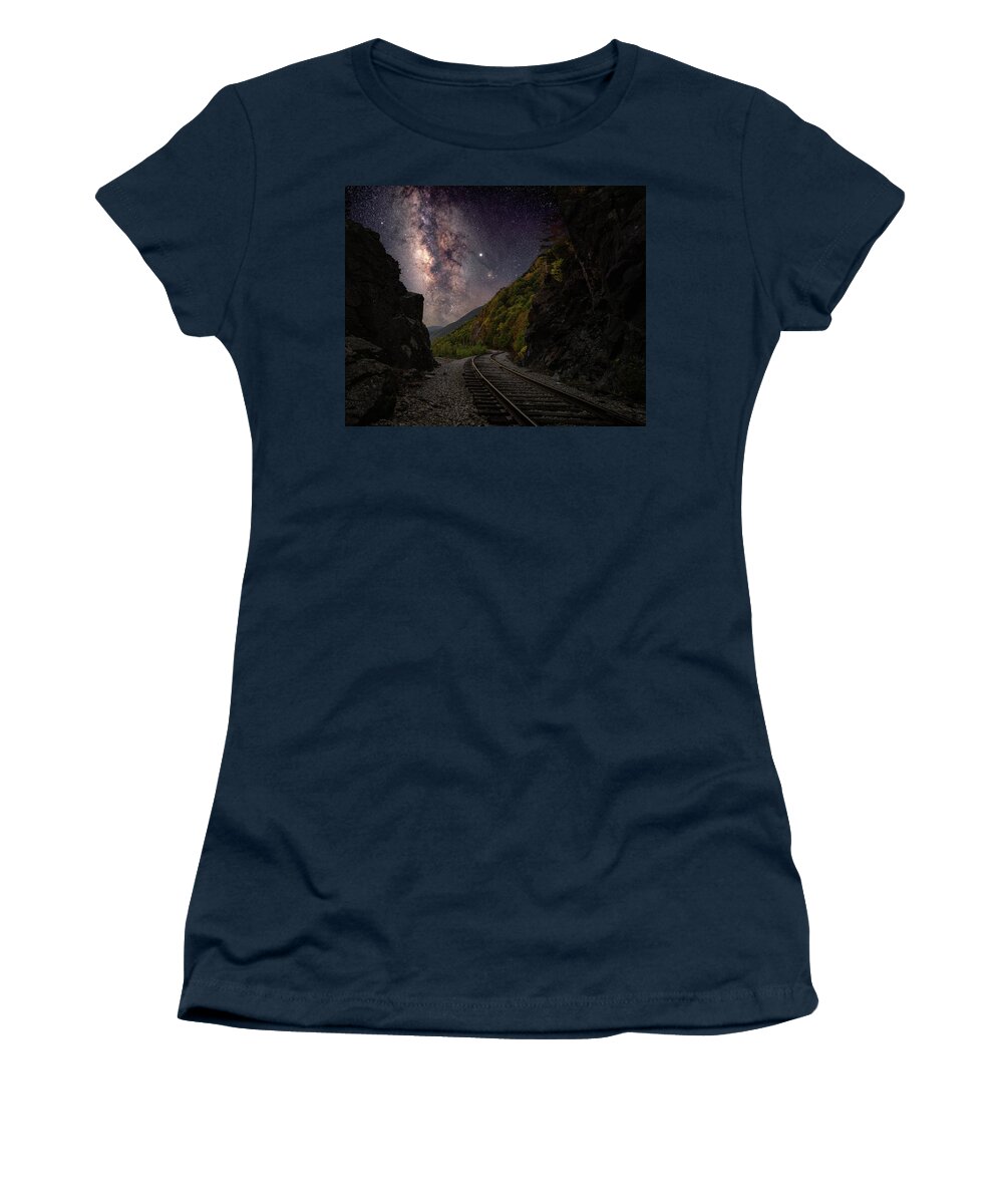 Crawford Women's T-Shirt featuring the photograph Milky Way over Crawford Notch Railroad Tracks by William Dickman