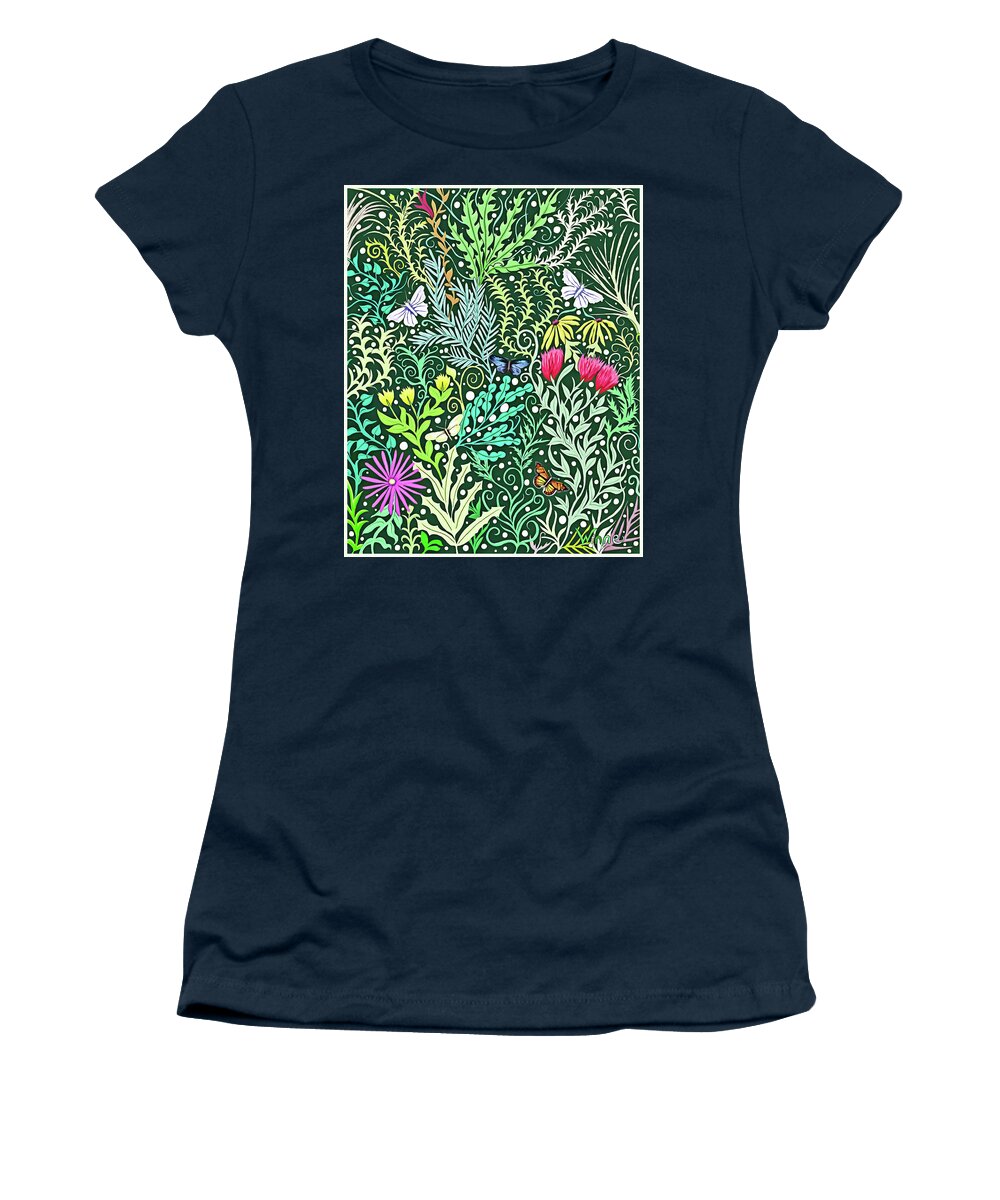 Lise Winne Women's T-Shirt featuring the tapestry - textile Millefleurs Dark Green Tapestry Design with four butterflies by Lise Winne