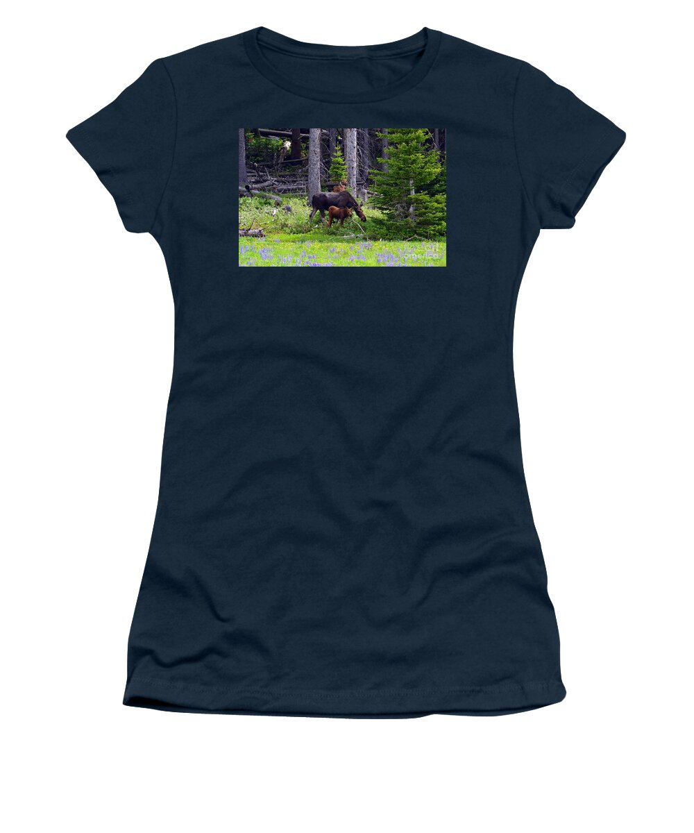 Moose Women's T-Shirt featuring the photograph Mom and Baby by Dorrene BrownButterfield