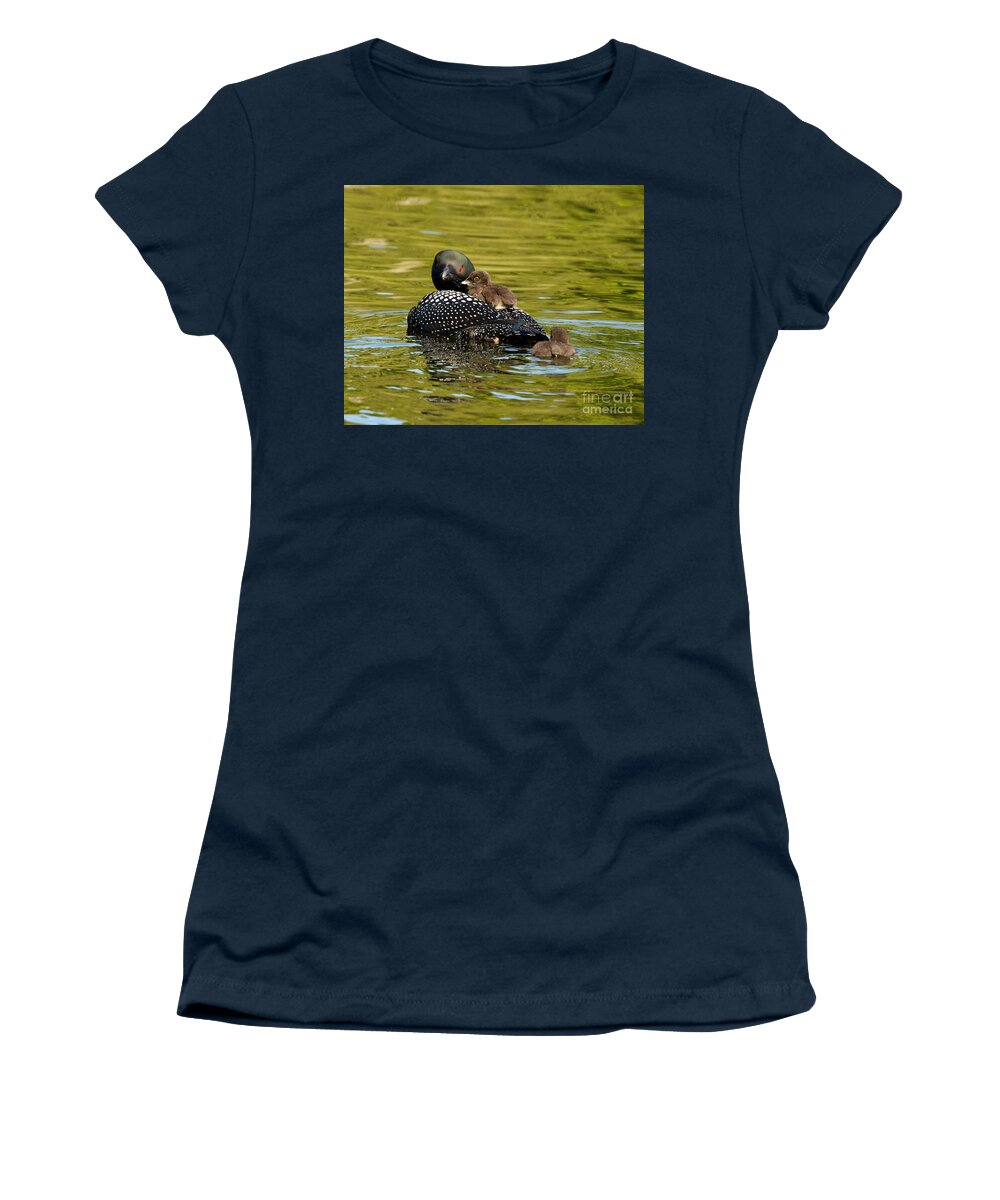 Animals Women's T-Shirt featuring the photograph Mom loon and her babies by Heather King