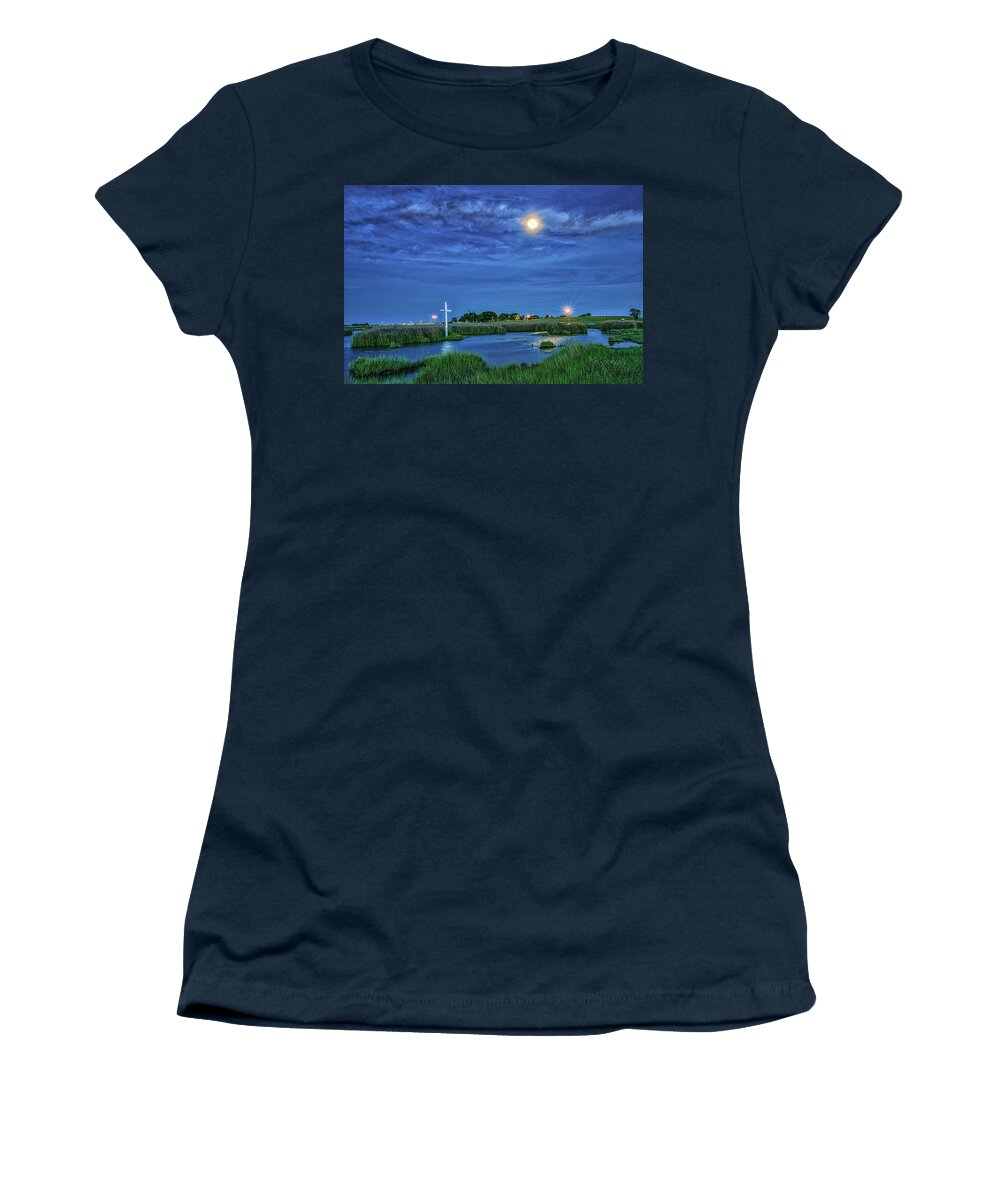 Poquoson Women's T-Shirt featuring the photograph Moon Over the Marsh Cross by Jerry Gammon